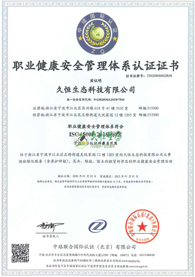 武汉江夏职业健康安全管理体系ISO45001证书